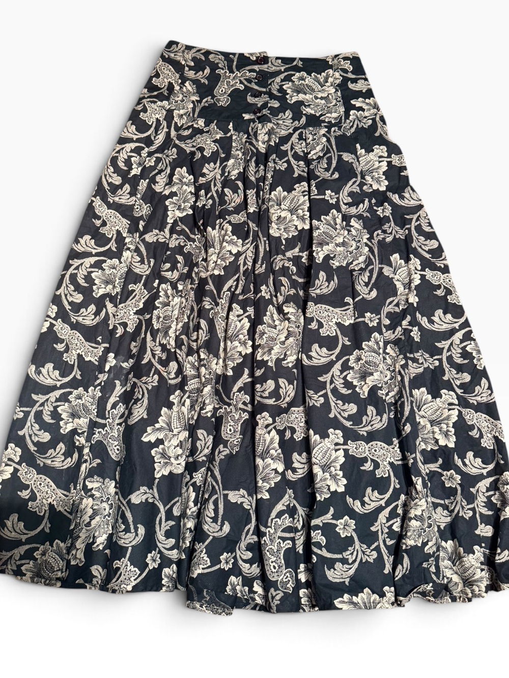 70s Anastasia Paris Black and Cream Floral Full Midi Skirt 28